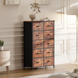 Dresser Tall Drawer Organizer Fabric Storage Tower with 10 Drawers, Fabric Bin and Wood Top for Bedroom Closet