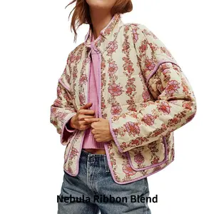 Women's Short Floral Print Open Front Quilted Coat Winter Warm Jacket Cardigan