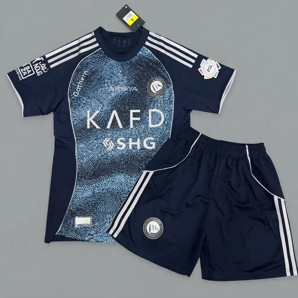 Al Nassr Navy Soccer Jersey KAFD (Free Matching Shorts Included) Grey Carpet Flat Lay Display | Saudi Club Football Shirt | Matchday Fan Sportswear Gift
