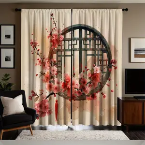 2 Pieces Elegant Cherry Blossom and Traditional Asian Design Curtains-High Definition Digital Printing, Translucent Polyester Fiber, Living Room and Bedroom Decoration Rod Bags Style, Blackout Curtains | Asian Style Design | Rod Bags Curtains
