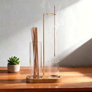 2 in 1 Incense & Candle Holder, Wooden Aroma Diffuser Incense Burner with Removable Glass Ash Catcher, Elegant Home Decor Ornament for Living Room Bedroom, Funny Gift Idea