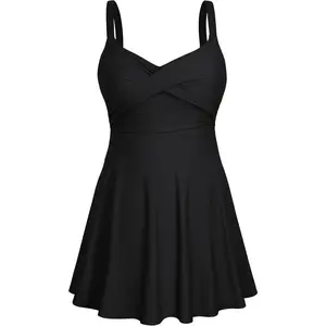 Plus Size Swimsuits for Women Tummy Control V Neck Swim Dress Two Piece Bathing Suit Flowy Tankini with Boyshorts