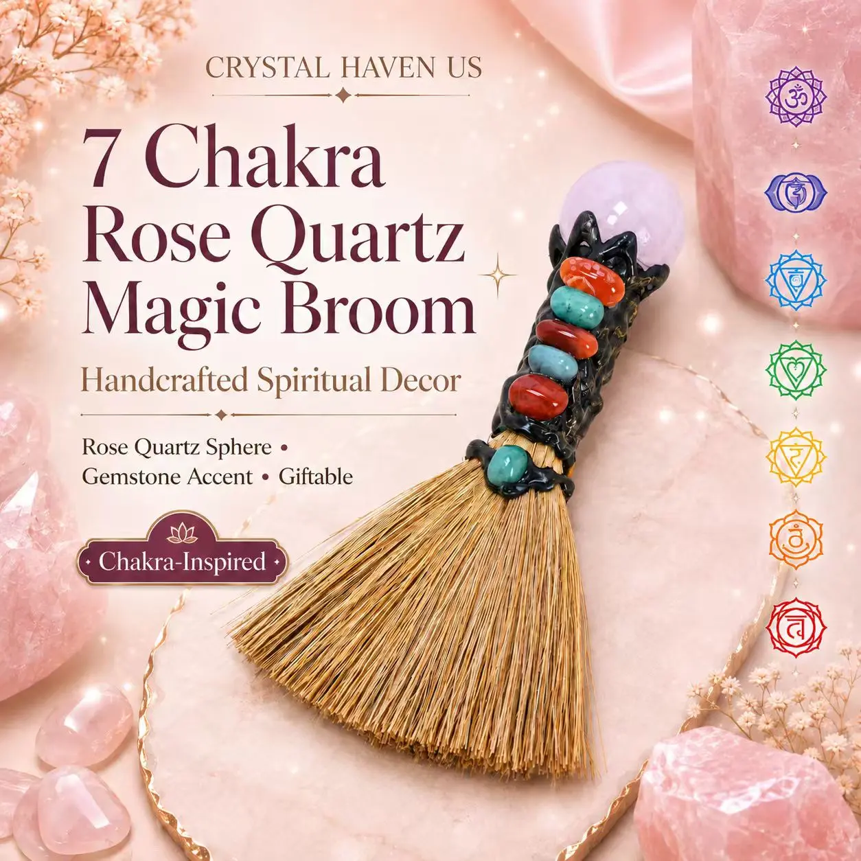 7 Chakra Magic Broom Handmade Crystal Witch Broom Spiritual Healing Decor