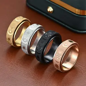 Star, Moon & Sun Rotatable Ring – Fidget Design, Stress Relief Jewelry for Daily Wear