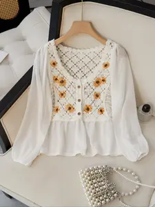 Women's Floral Embroidery Sweater, Boho Bohemian V Neck Long Sleeve Fitted Pullover for Spring & Fall, Fashion Women's Knitwear for Daily Wear, Tops