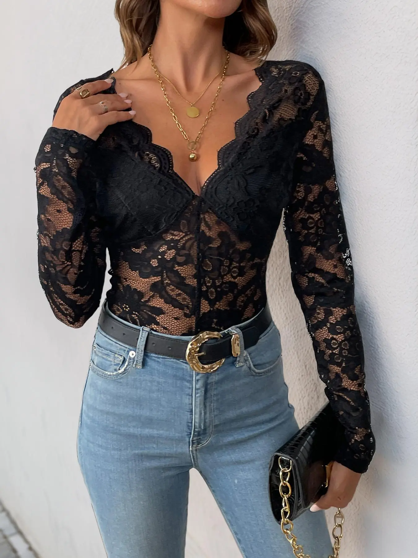 Women's Sexy Lace Patchwork Slim Fitting Bodysuit, V Neck Long Sleeve Slim-Fit Jumpsuit, Spring Fashion Woven Fabric, Moderate Thickening, Womenswear Piece, Lady, Lace Lingerie Bodysuit, Fashionable Bodysuits