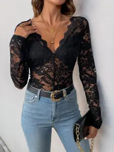 Women's Sexy Lace Patchwork Bodysuit, V Neck Long Sleeve Slim-Fit Jumpsuit, Spring Fashion Woven Fabric, Moderate Thickening, Womenswear Piece, Lady
