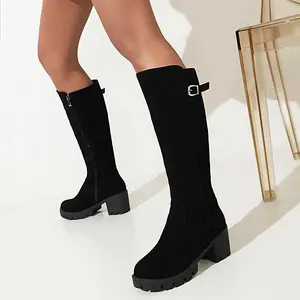 Women's Large Size Winter Warm Round Toe Riding Boots with Thick Platform Heel Buckle Closure Cushioned Insole Long High Boots for Horseback Riding Casual Black Footwear