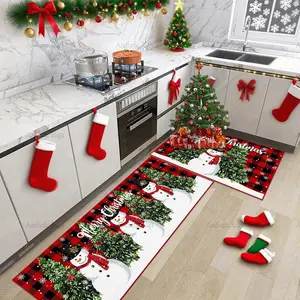 Nordic Style Plaid Kitchen Rug, Cute Snowman Christmas Mat Set, Pet Friendly Non-Slip Soft Washable Foldable Carpet