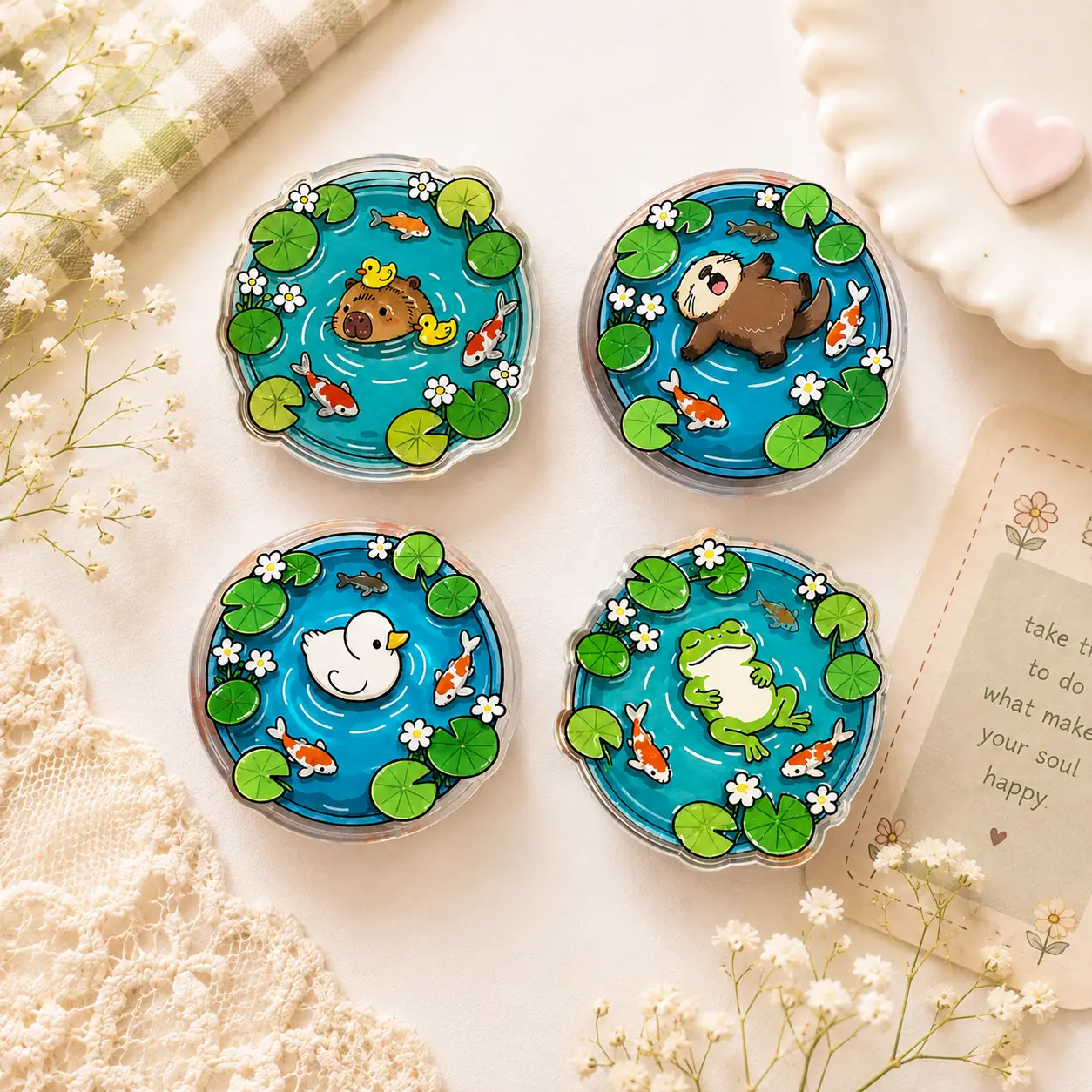 Pond Animals Magnetic Phone Grip Stand, Koi Fish & Lily Pad MagSafe Phone Holder, Kawaii Kindle Grip, Cozy Nature Gift