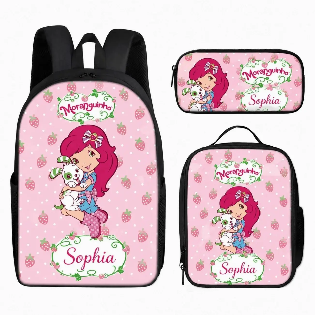 Custom Name Strawberry Girl Student Backpack Set | 3Pcs Schoolbag Insulated Lunch Bag Pencil Case | Personalized Back to School Gift for Girls