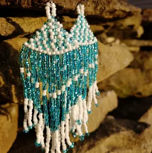 Handmade Seed Bead Earrings - Turquoise and White Design with Beaded Fringe and White Accents