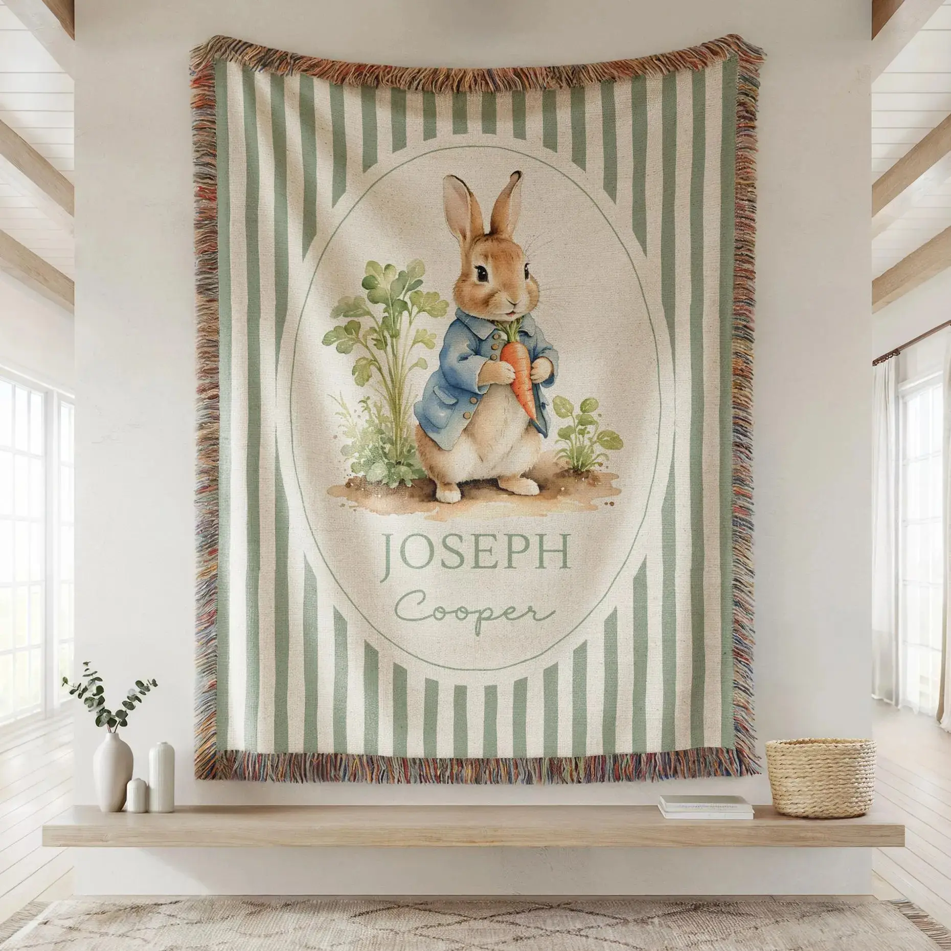Personalized Peter Rabbit Inspired Woven Blanket Custom Baby Name Blanket Vintage Bunny Nursery Decor Baby Shower Gift Peter the Rabbit Gift