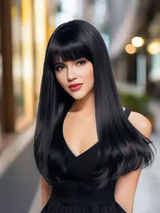 Toyotress 14-inch Shoulder-Length Wavy Bob Wig with Bangs - Natural Black Synthetic Heat-Resistant Fiber Wig for Effortless Styling & Customizable Layered Cut