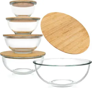 dokaworld Stackable Space-Saving Set of 5 Nesting Glass Bowls with Bamboo Lids for Foodprep, Storage, Baking, Mixing & Cooking, Microwave & Oven Safe BPA Free Heat Resistant Inert Borosilicate Glass