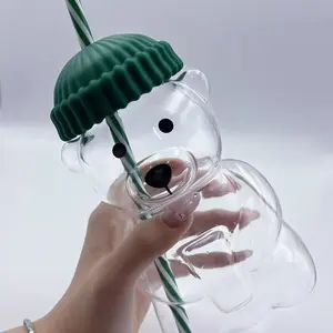 Cute Teddy Bear Theme Straw Cup, 550ML Large Capacity, High Borosilicate Glass, Detachable Straw, Ideal for Home, Bar, Restaurant, Car, Coffee Shop