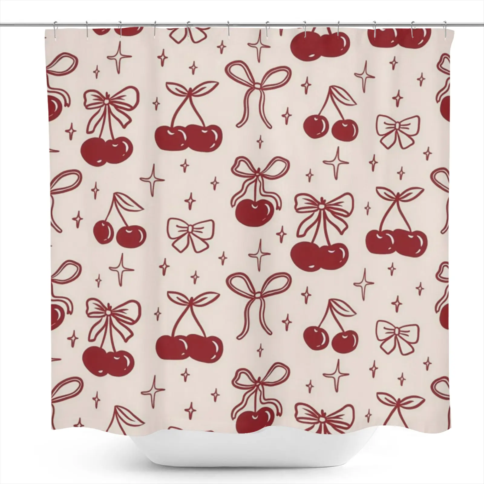1Pc Red Cherry Bow Seamless Print pattern shower curtain, waterproof polyester fabric, with 12 hooks, 71 inches wide X 71 inches high, modern art design style, bathroom decoration, suitable for all seasons