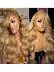 Honey Wig Premium Human Hair 13x6 Body Wave Lace Front Wigs, 200 Density 27# Blonde Frontal Wigs, Pre-Plucked 26 Inch, Natural Look, Glueless Hd Wigs