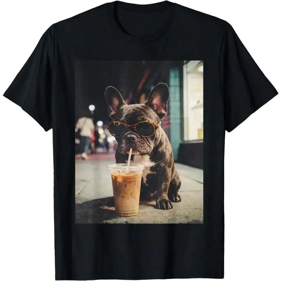 French Bulldog Drinking Iced Coffee Funny Graphic Tees Cute Frenchie Pet Coffee Printed Unisex Crew Neck Short Sleeve T Shirts Everyday Casual Coffee Lover Streetwear Tops For Men And Women Dog Enthusiasts