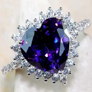Love Heart Crystal Ring Purple Rhinestone Bezel Setting Full Around Micro Zircon Embellish For Woman Wedding Engagement Jewelry