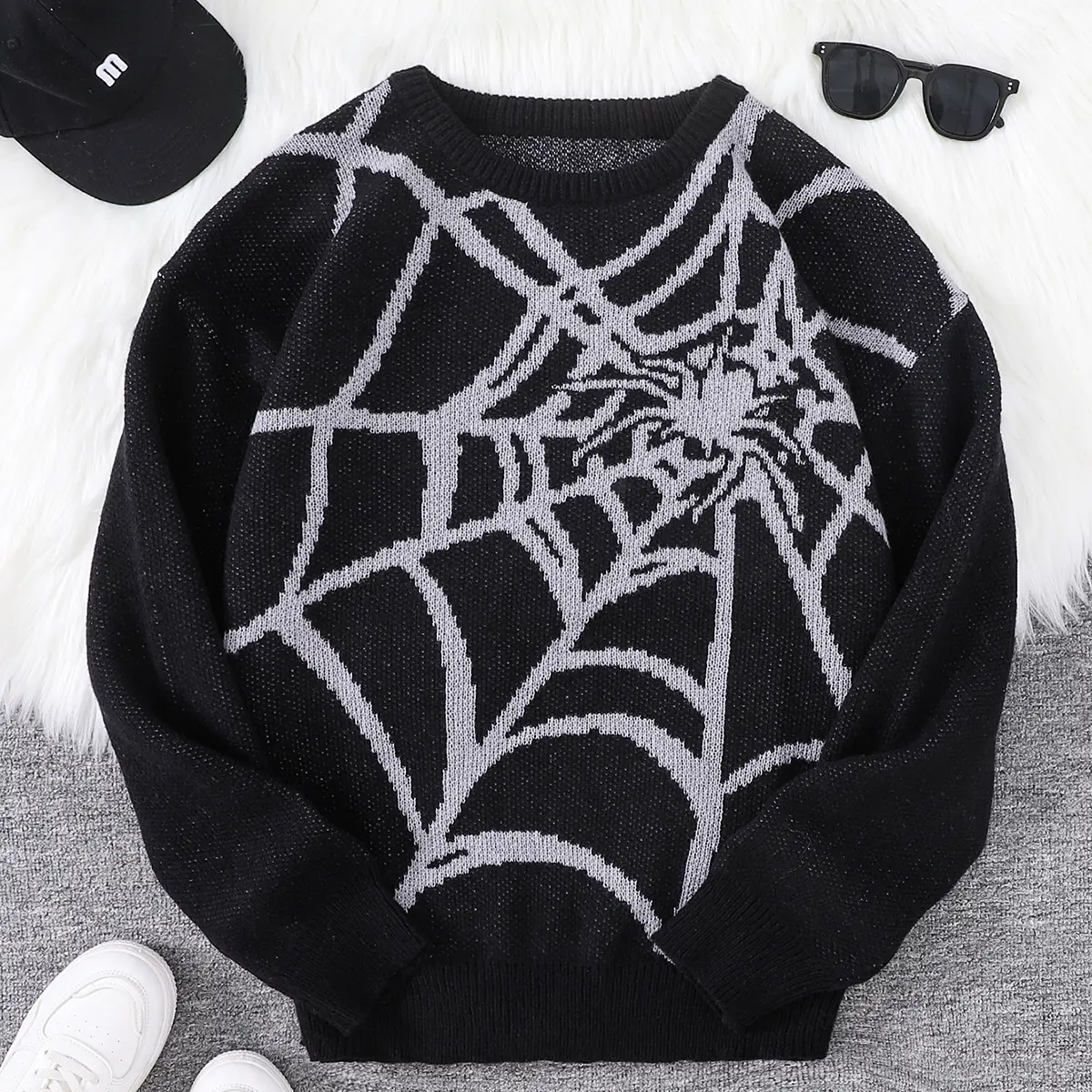 Men's Spider Web Pattern Round Neck Crewneck Sweater,Regular Fit Casual Drop Shoulder Long Sleeve Jumper forSpring & Fall, Fashion Men's Knitwear for Daily Wear