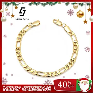 LuLuEcho 14K Gold-Plated Figaro Stamped Chain Bracelet Summer Jewelry Neutral Accessories Men and Women Layering Bracelets Craft Jewelry