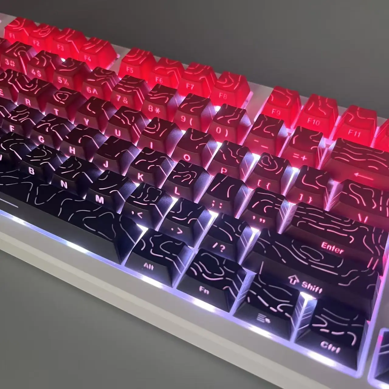 133 Keys Gradient Red Terrain PBT Keycaps, Double Shot Side Printed RGB Backlit Cherry Profile Custom Gaming Keyboard Caps