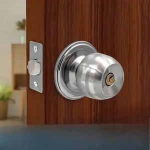 Silver Color Ball Shape Lock, Door Handle Knob Ball Lock, Indoor Bedroom Door Lock, Stainless Steel Universal Lock with Key, Door Hardware