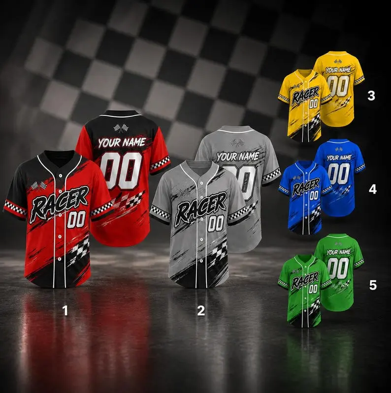 Custom Racer Baseball Jersey, Personalized Racing Uniform, Motorsport Sports Shirt