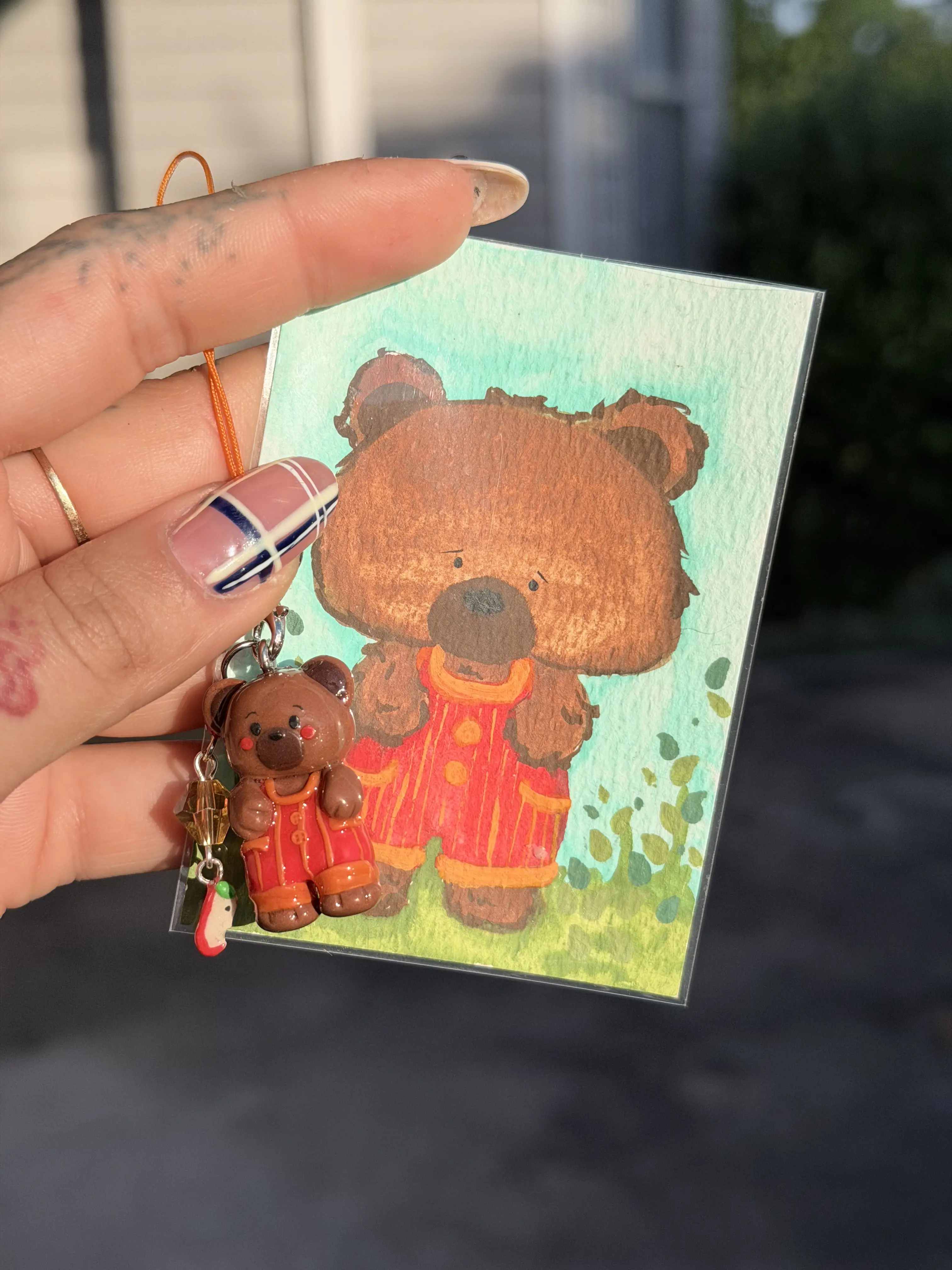 Teddy bear ACEO and phone charm, polymer clay