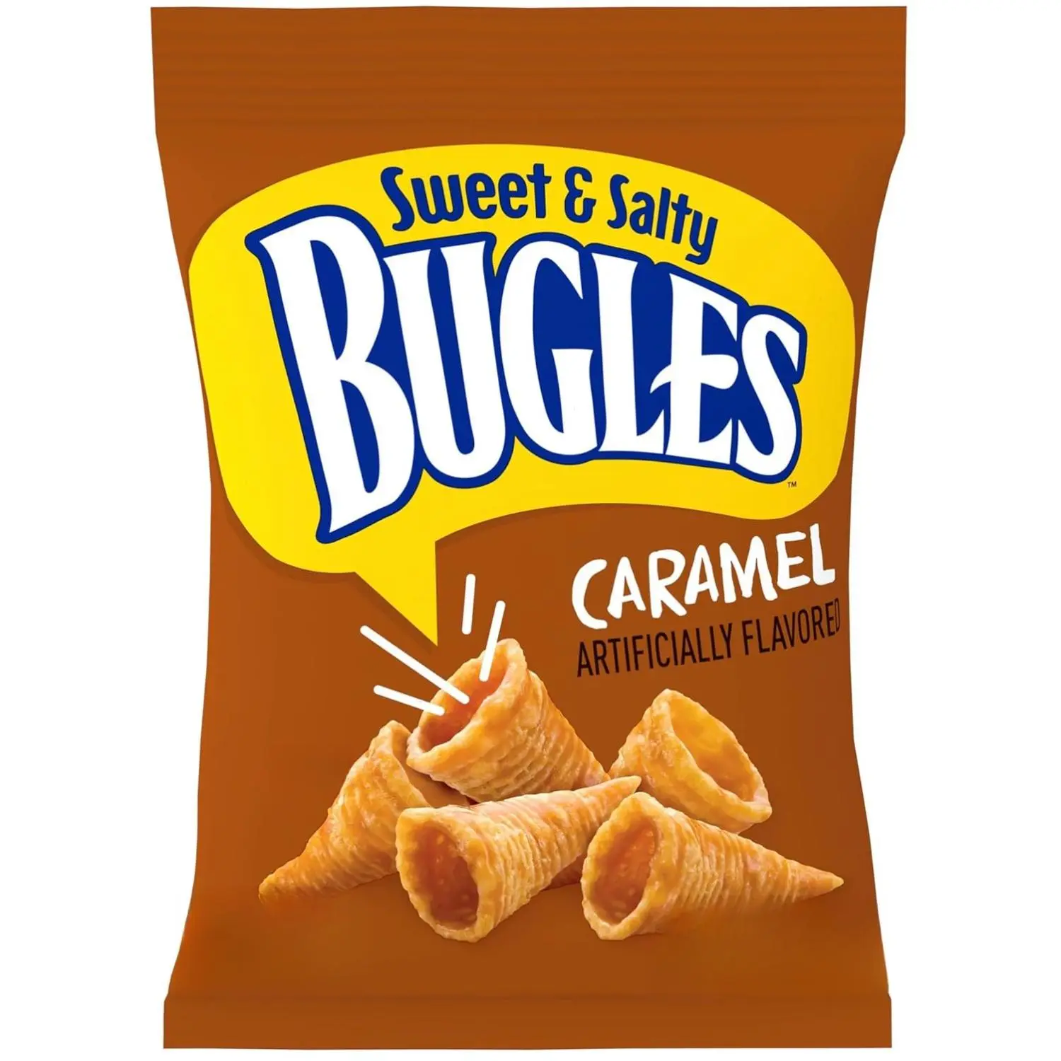 General Mills Sales Inc. Bugles Caramel Crunch Crunchy Corn Chips Pouch Snacks, 3.5 oz (Pack of 7) - Ambient, Cupboard-Storable, Fat-Free, Cholesterol-Free, Sweet, Ready-to-Eat Puffed Snacks for Lunch Time