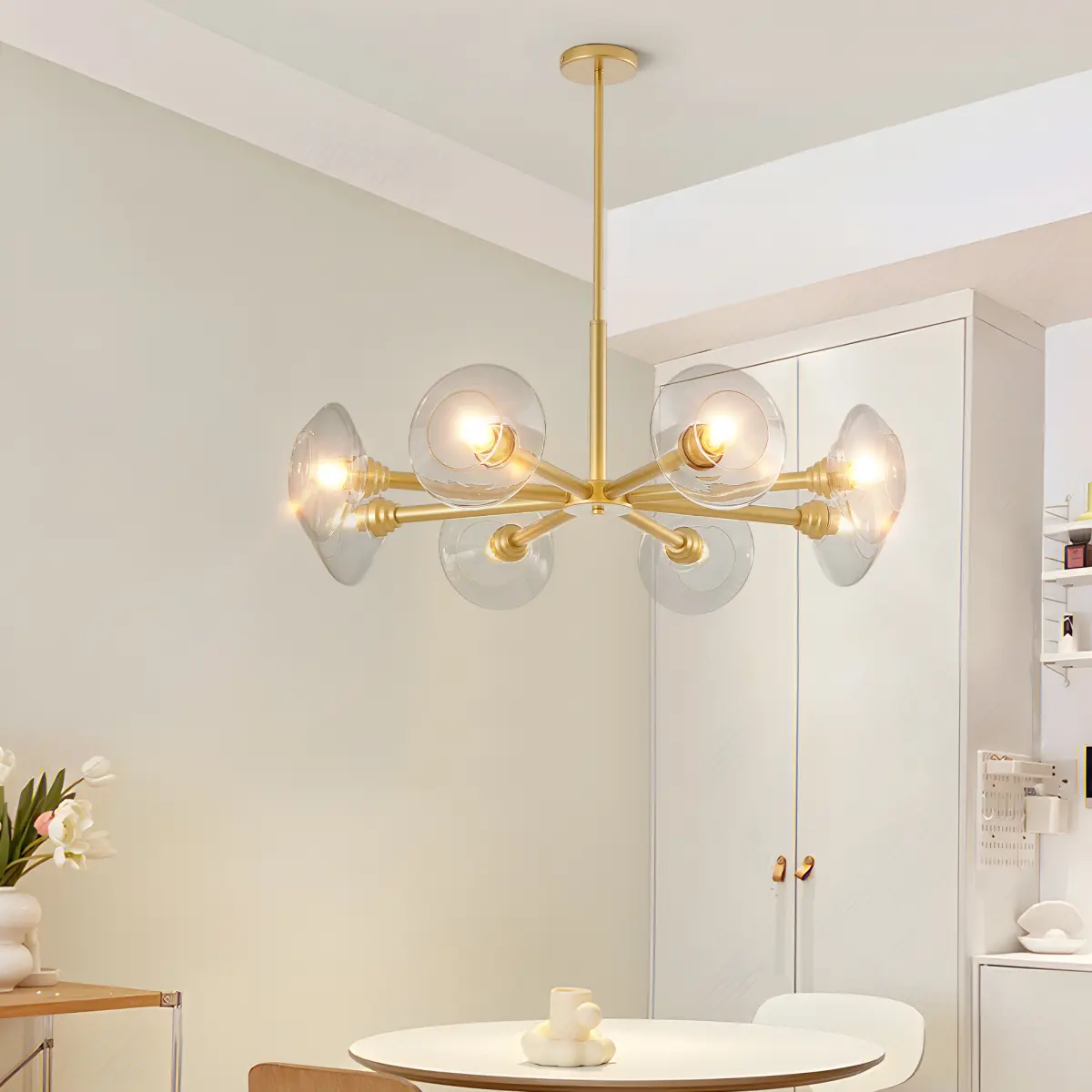 36in Gold 8-Light Sputnik Chandelier Mid-Century Hardwired Iron Clear Glass Ceiling Pendant Durable Non-Adjustable Hanging Decor Light Easy Install Luxury Indoor Lighting for Dining Living Kitchen Bedroom Home Space