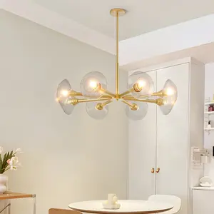 36in Gold 8-Light Sputnik Chandelier Mid-Century Hardwired Iron Clear Glass Ceiling Pendant Durable Non-Adjustable Hanging Decor Light Easy Install Luxury Indoor Lighting for Dining Living Kitchen Bedroom Home Space