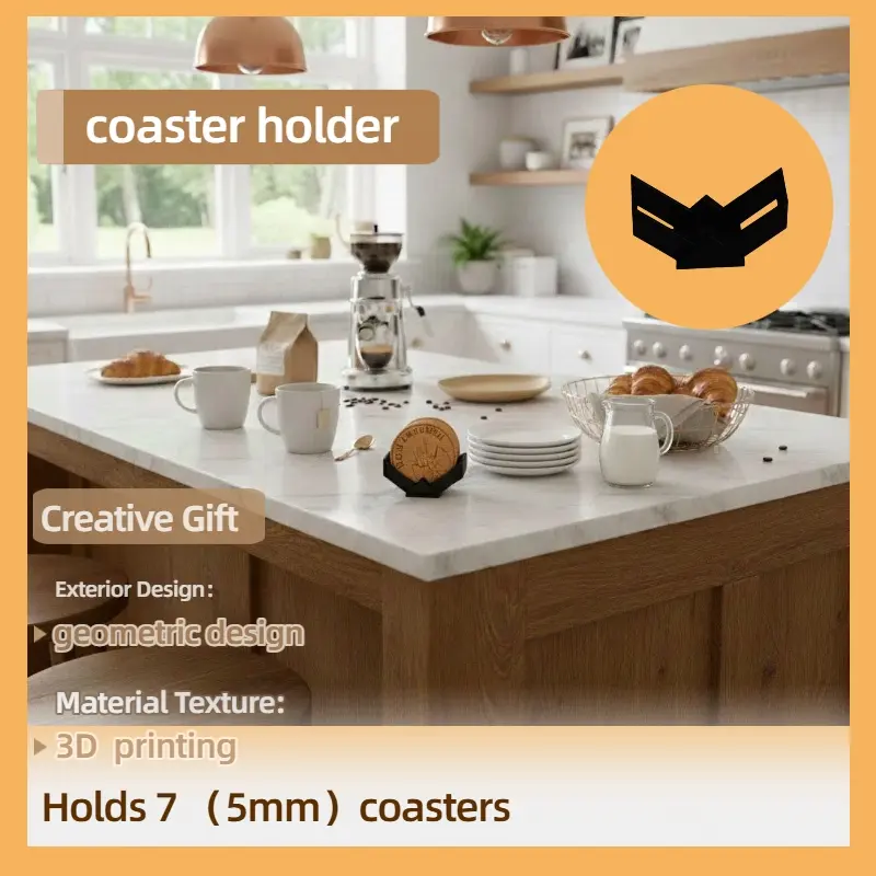Modern Geometric Coaster Holder, 3D Printed Minimalist Coaster Storage Rack (Holds 7 Pcs 5mm Thick Coasters) - Space-Saving Organizer for Home & Office Desks, Sleek Nordic-Style Decor