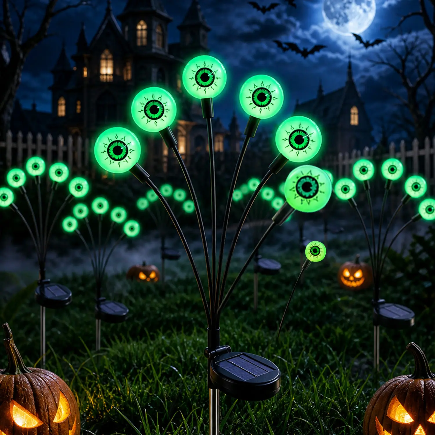 2-pack solar Halloween eyeball lights, 8-LED spooky swaying eyeball ground stake lights, available in orange, purple, and green, IP44 Halloween path lights suitable for Halloween party decorations—yard, lawn, garden, haunted house decor. Ornaments Fairy