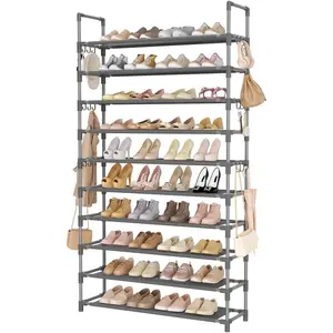 Tall Shoe Rack 10 Tier Shoe Organizer Large Shoe Shelf with 18 Hooks Storage for 50 Pair Sneaker and Boot, Stackable Vertical Shoe Rack Organizer for Closet, Entryway, Bedroom, Grey