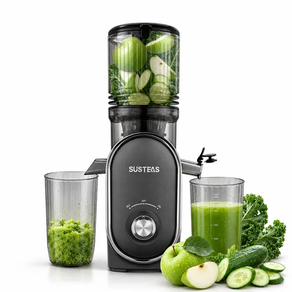 SUSTEAS Cold Press Juicer, 5.3" Large Feed Chute Slow Juicer, 300W Masticating Juicer for Whole Fruits & Vegetables, High Juice Yield, Easy to Clean