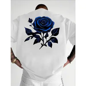 Unisex Casual Graphic T-Shirt with Blue Rose Print, Front Chest and Back Large Floral Design, Short Sleeve Crew Neck Tee, Soft Breathable Fabric, Relaxed Fit Streetwear Top for Men and Women, Ideal for Daily Wear, Travel and Casual Outfits