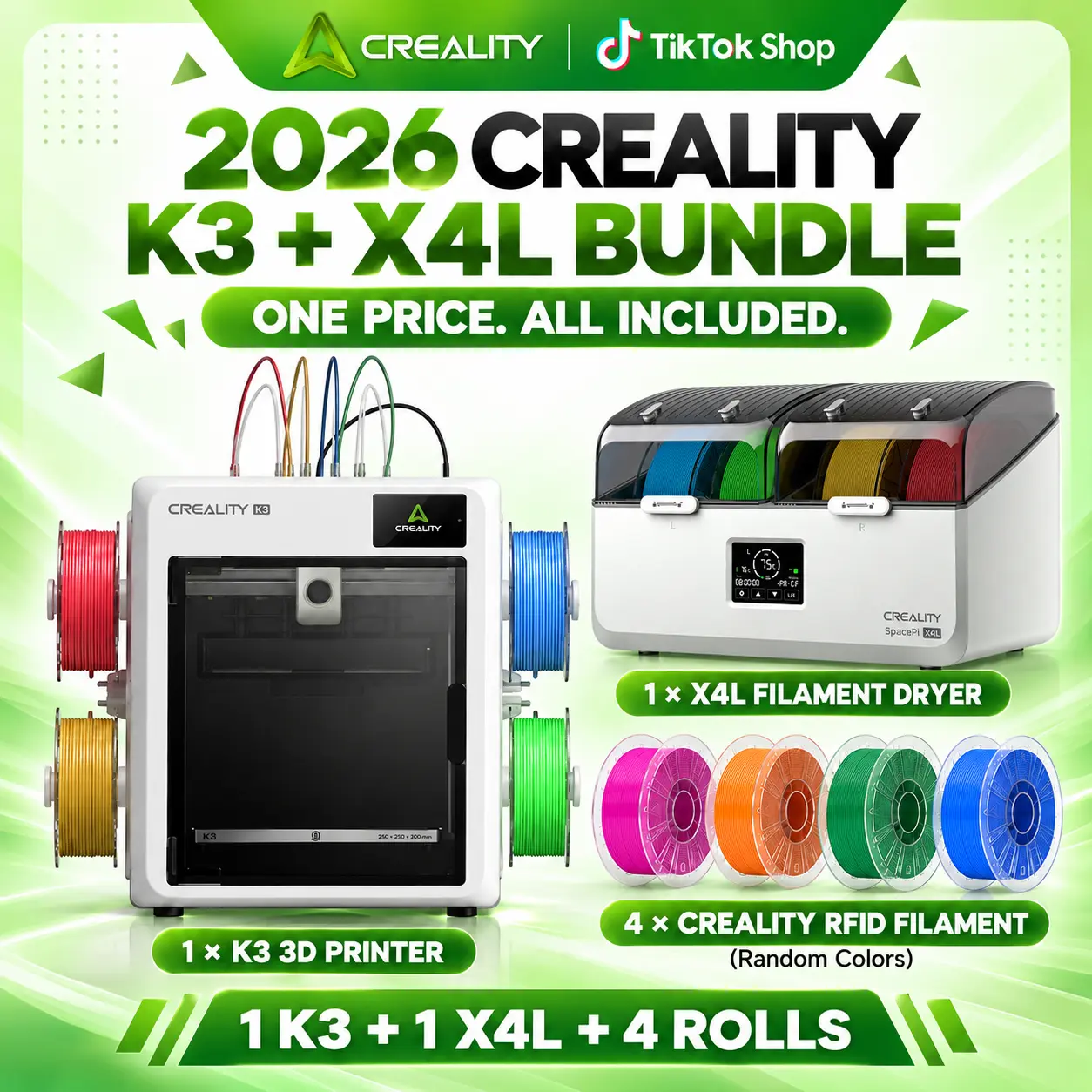Creality K3 Multi-Material & Multicolor 3D Printer with SpacePi X4L 4-Spool Filament Dryer, 75°C Max, Includes 4 Rolls of Hyper RFID PLA, Ships Nov 2 | techvibes