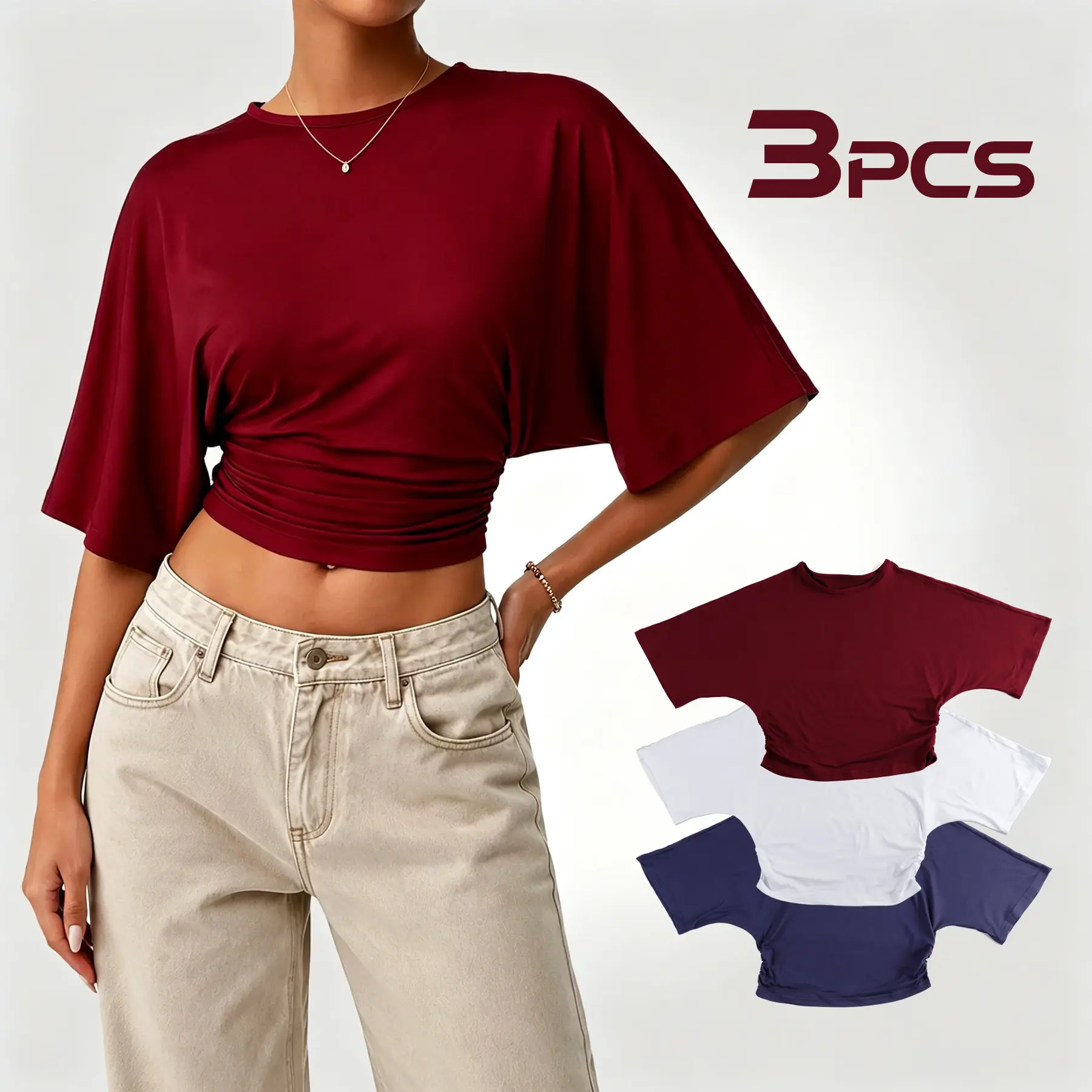 Yimoon 3pcs Women's summer casual solid-color bat-sleevefashion T-shirt, suitable for wearing at home,during sports, at work, while shopping, atparties, and at bars