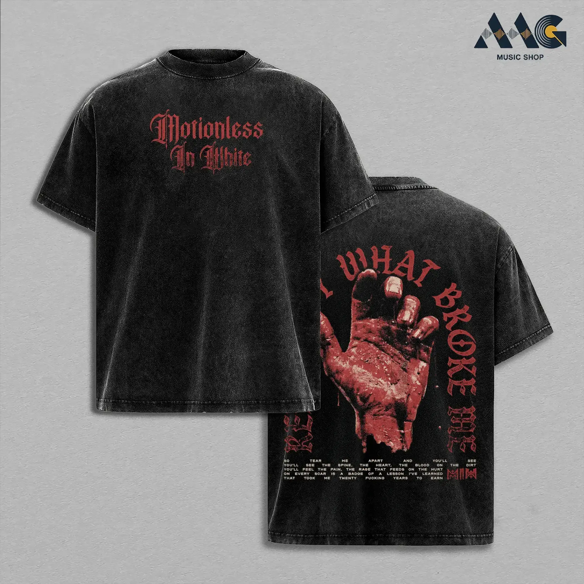 Motionless In White What Broke Me Bloody Hand Heavy Cotton Top, Gothic Metalcore Band Concert Merch, Oversized Graphic Tee Men, Y2k Casual Fashion Apparel, Vintage Washed Heavyweight Short Sleeve Top, Graphic Tee Unisex Heavyweight