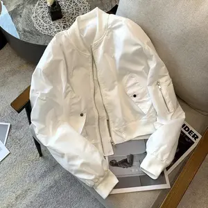 Women's Cropped Jacket Black White Casual Zippered Cardigan Thin Style Baseball Aviation Top For Spring Autumn