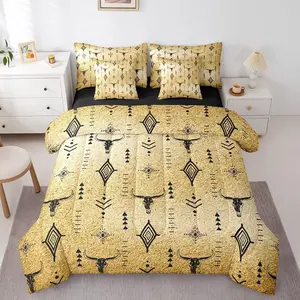 Feelyou 7-Pc Western Boho Breathable Microfiber Bedding Set - Comforter, Sheets with Bull Skull, Cow Head, Abstract Horns, Aztec, Geometric Minimalist Art for Brown Bedroom Decor (Breathable Duvet Set)