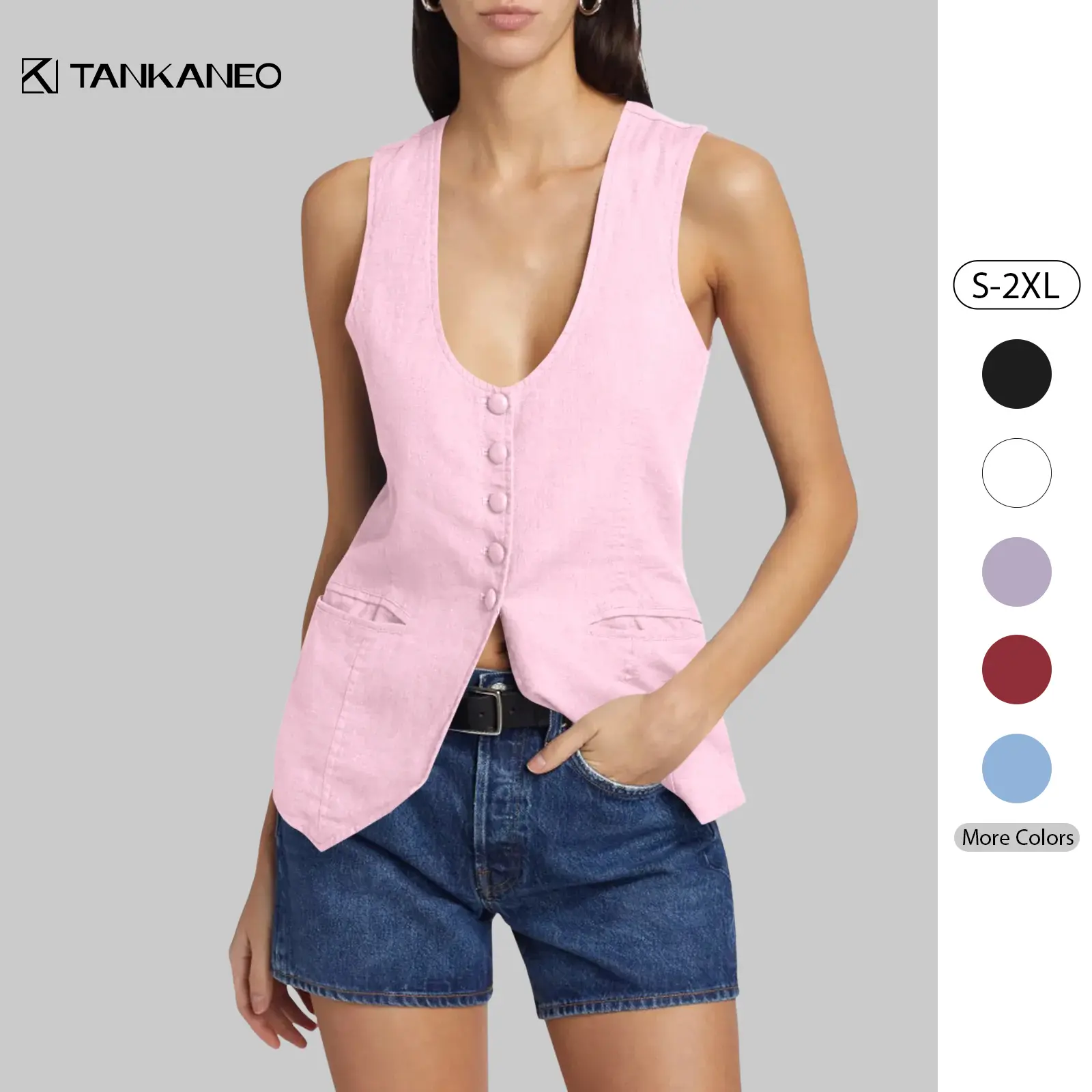 Tankaneo Womens Scoop Neck Blazer Vest Summer Linen Sleeveless Fitted Waistcoat Work Casual Cotton Suit Tops