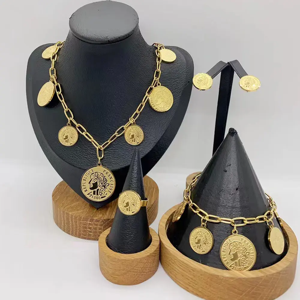 Design Stainless Steel Head Necklace Bracelet Ring Earrings Fashion Jewelry Set