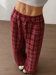 Red Plaid Wide-Leg Pants, High-Waisted Drawstring Bottoms, Casual Fashion Pants, TikTok Viral Y2K Aesthetic, Retro Check Print, Comfy Relaxed Fit, Perfect for #OOTD, #BaddieOutfits, #90sStyle, for Brunch, Hangouts or Layering, Fall Statement Piece