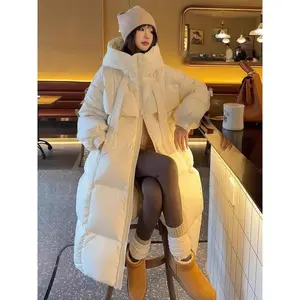 Korean-style thick white duck down quilted jacket for women, long and loose, versatile and simple hooded warm coat