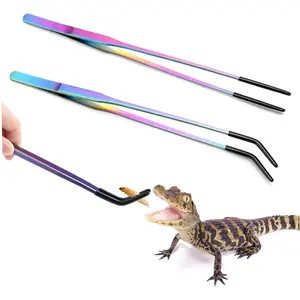 2PCS Stainless Steel Reptile Feeding Tongs with Rubber Tip, 10.6" Straight & Curved Long Tweezers, Perfect for Aquariums & Crafts - Ideal Bearded Dragon & Snake Tank Accessories, Terrarium Supplies