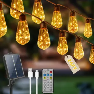 Rawink  Solar String Lights Outdoor with 16 Shatterproof Bulbs, 8 Light Modes Vintage Hemp Rope LED Patio Lights, Waterproof Hanging Lights for Porch Garden Café Bistro Decor