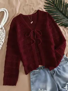 Women's Hollow Out Tie Front Solid Color Knit Cardigan with Long Sleeves, Elegant Casual Style, Perfect for Spring and Summer, Comfortable and Stylish